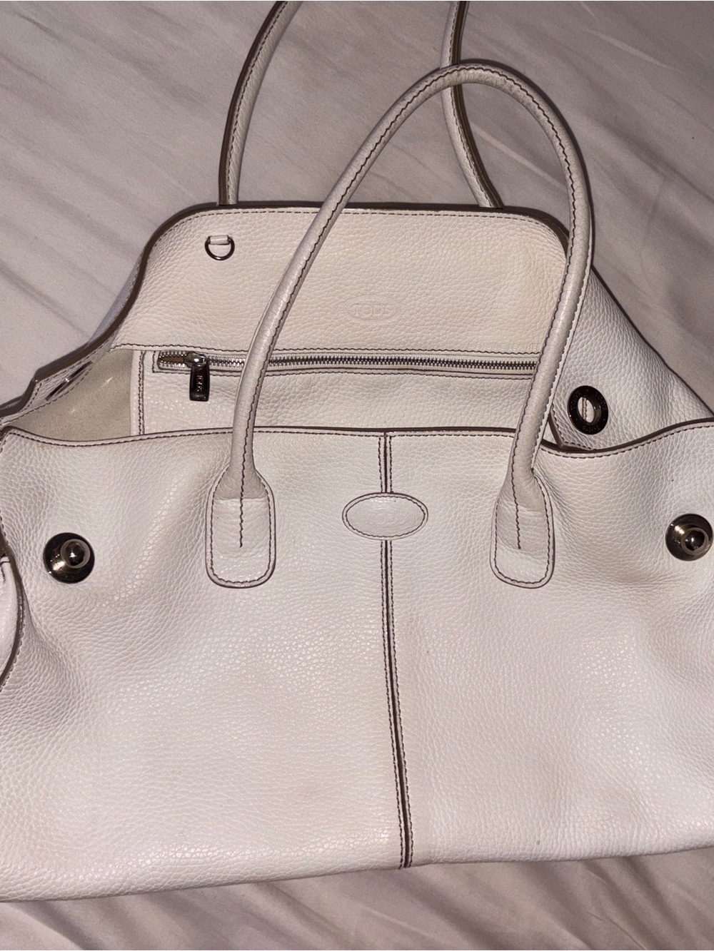 Tod's White Pebbled Leather Satchel